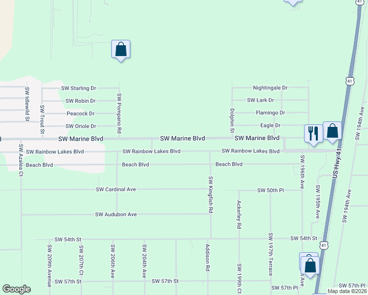 map of restaurants, bars, coffee shops, grocery stores, and more near 20203 Southwest Rainbow Lakes Boulevard in Dunnellon