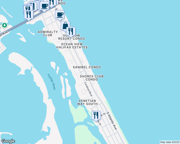 map of restaurants, bars, coffee shops, grocery stores, and more near 3807 South Atlantic Avenue in Daytona Beach
