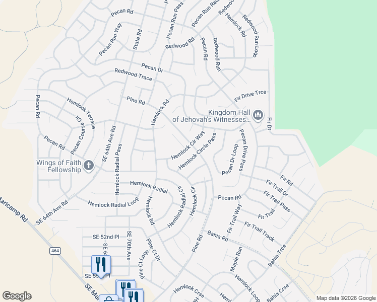 map of restaurants, bars, coffee shops, grocery stores, and more near 20 Hemlock Circle Pass in Ocala