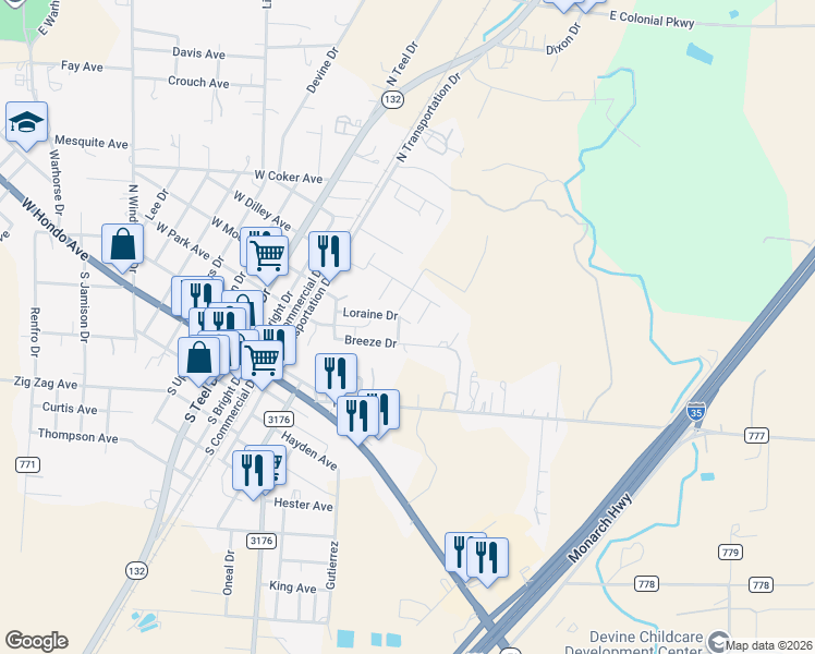 map of restaurants, bars, coffee shops, grocery stores, and more near 239 Breeze Drive in Devine