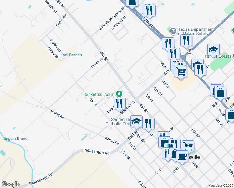 map of restaurants, bars, coffee shops, grocery stores, and more near 1102 Plum Street in Floresville