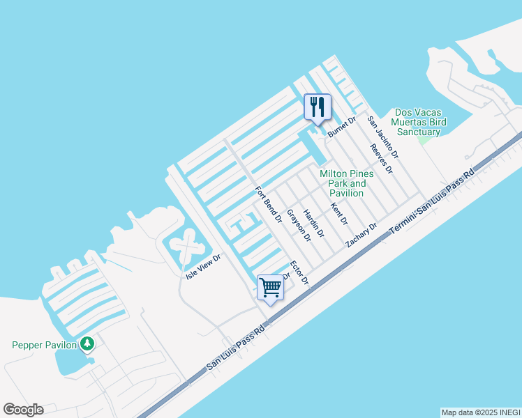 map of restaurants, bars, coffee shops, grocery stores, and more near 4007 Ector Drive in Galveston