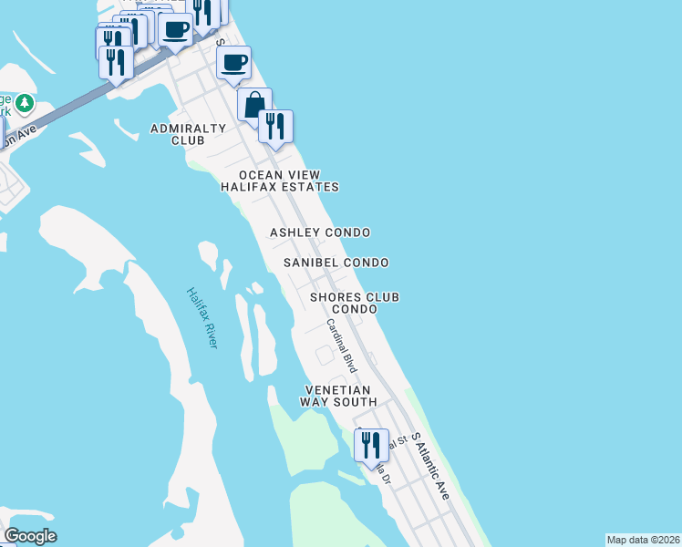 map of restaurants, bars, coffee shops, grocery stores, and more near 3815 South Atlantic Avenue in Daytona Beach Shores