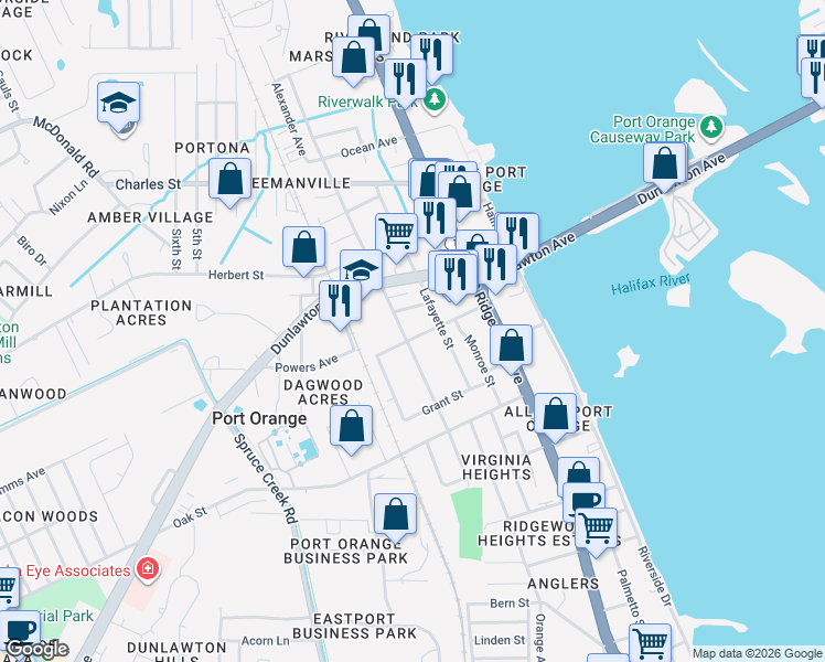 map of restaurants, bars, coffee shops, grocery stores, and more near 308 Wellman Street in Port Orange