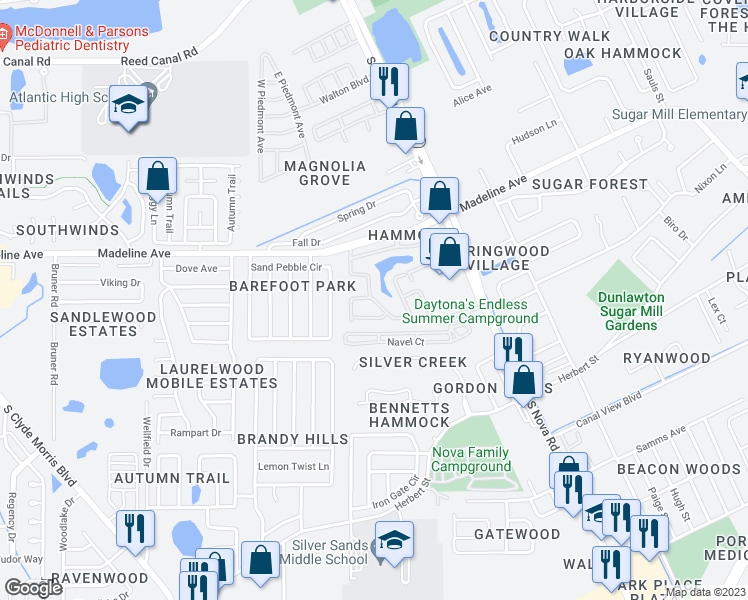 map of restaurants, bars, coffee shops, grocery stores, and more near 3534 Red Pontiac Drive in Port Orange