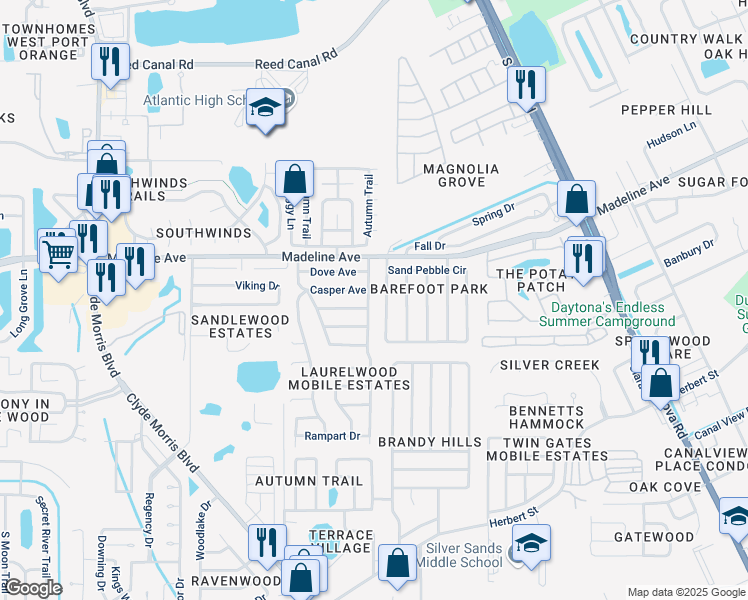 map of restaurants, bars, coffee shops, grocery stores, and more near 705 Casper Avenue in Port Orange