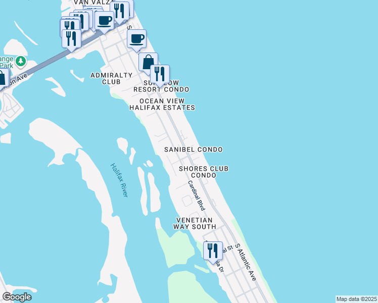 map of restaurants, bars, coffee shops, grocery stores, and more near 3761 South Atlantic Avenue in Daytona Beach Shores