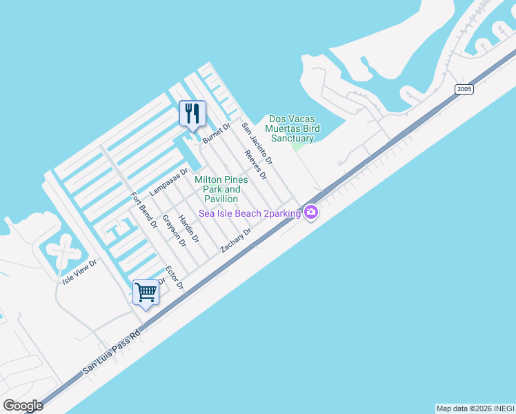 map of restaurants, bars, coffee shops, grocery stores, and more near 4135 Navarro Drive in Galveston