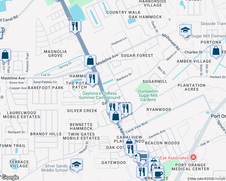 map of restaurants, bars, coffee shops, grocery stores, and more near 129 Moonstone Court in Port Orange