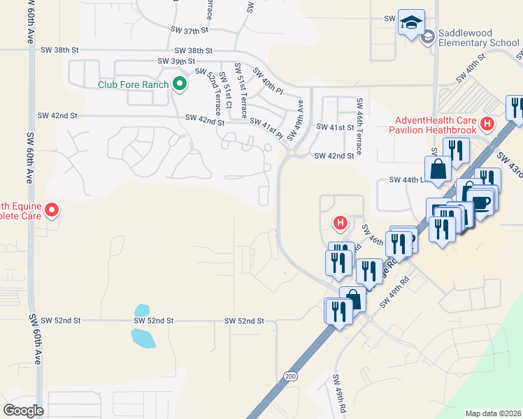 map of restaurants, bars, coffee shops, grocery stores, and more near 4450 Southwest 49th Avenue in Ocala