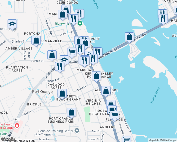 map of restaurants, bars, coffee shops, grocery stores, and more near 4100 South Ridgewood Avenue in Port Orange