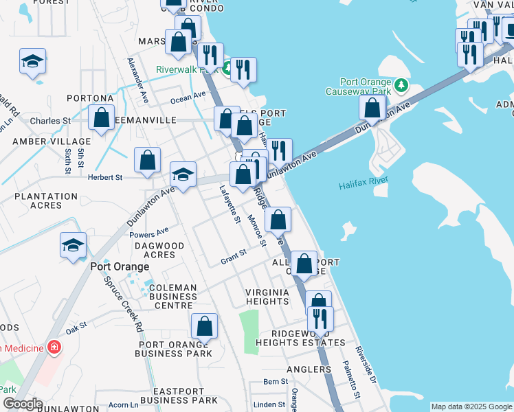map of restaurants, bars, coffee shops, grocery stores, and more near 4100 South Ridgewood Avenue in Port Orange