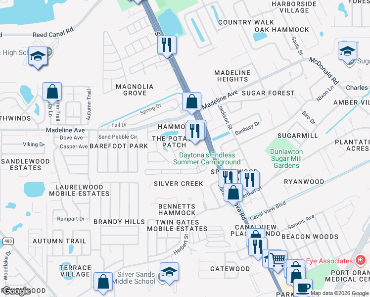 map of restaurants, bars, coffee shops, grocery stores, and more near 3539 Russett Lane in Port Orange