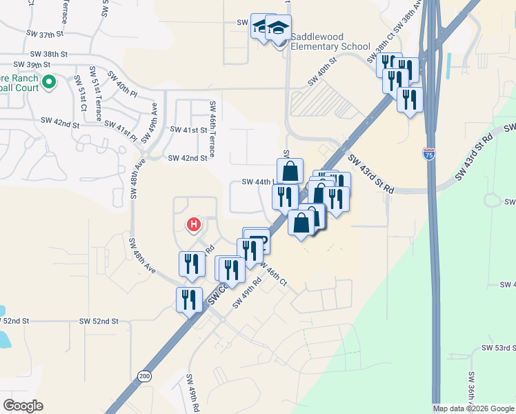 map of restaurants, bars, coffee shops, grocery stores, and more near 4575 Southwest 44th Court in Ocala