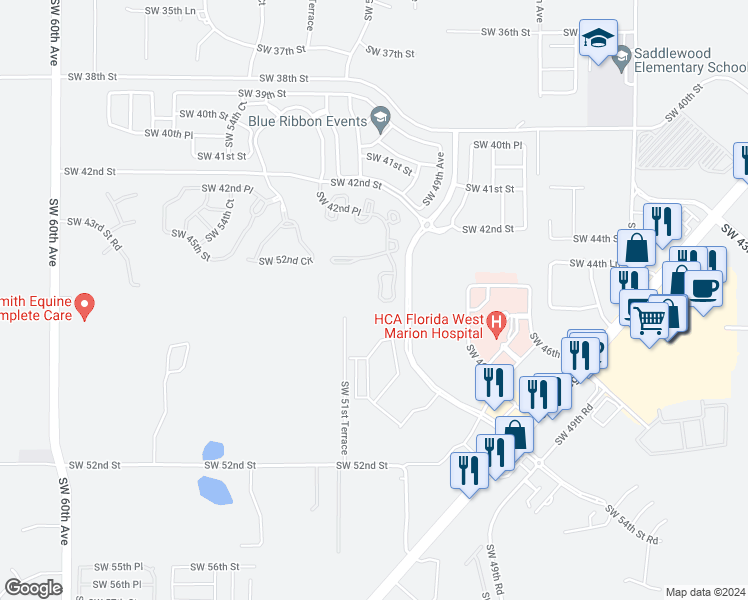 map of restaurants, bars, coffee shops, grocery stores, and more near 4458 Southwest 49th Avenue in Ocala