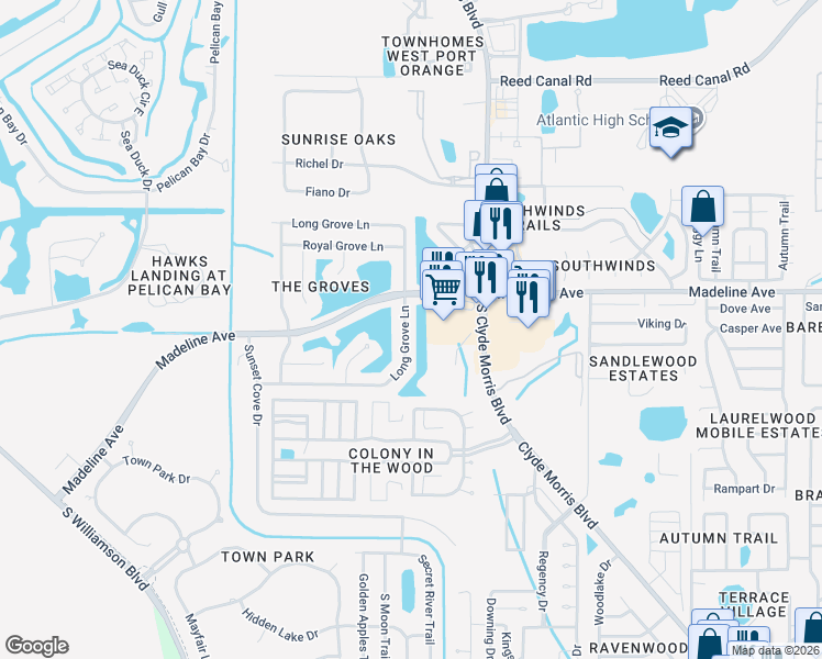 map of restaurants, bars, coffee shops, grocery stores, and more near 3814 Long Grove Lane in Port Orange