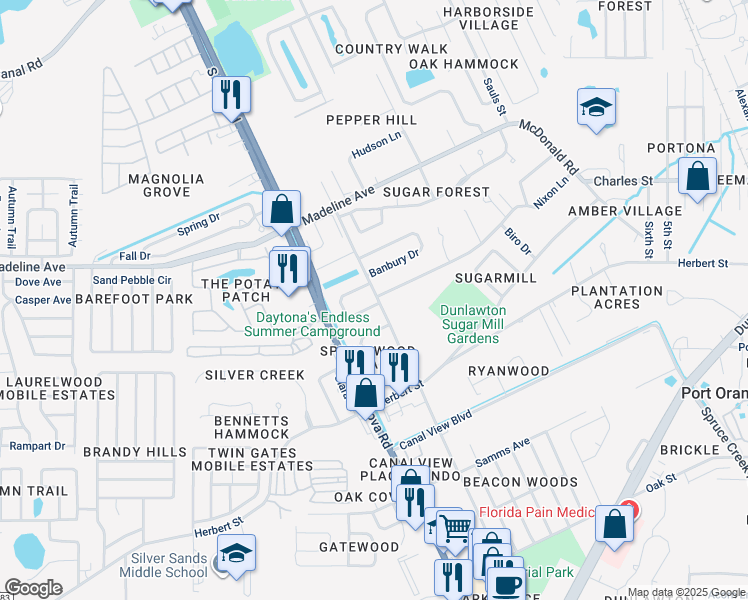 map of restaurants, bars, coffee shops, grocery stores, and more near 199 Moonstone Court in Port Orange