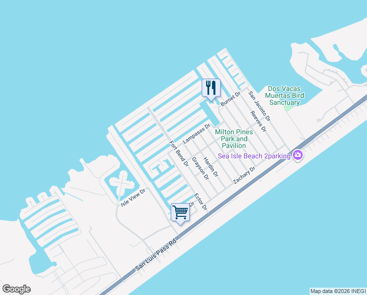 map of restaurants, bars, coffee shops, grocery stores, and more near 4007 Grayson Drive in Galveston