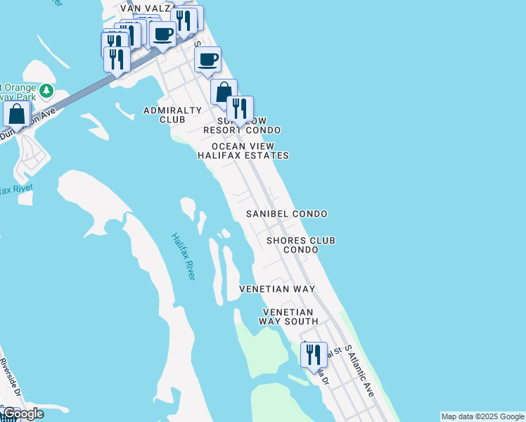 map of restaurants, bars, coffee shops, grocery stores, and more near 3761 Cardinal Boulevard in Daytona Beach Shores