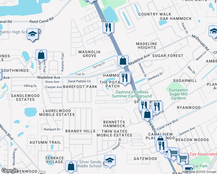 map of restaurants, bars, coffee shops, grocery stores, and more near 986 Deer Springs Road in Port Orange