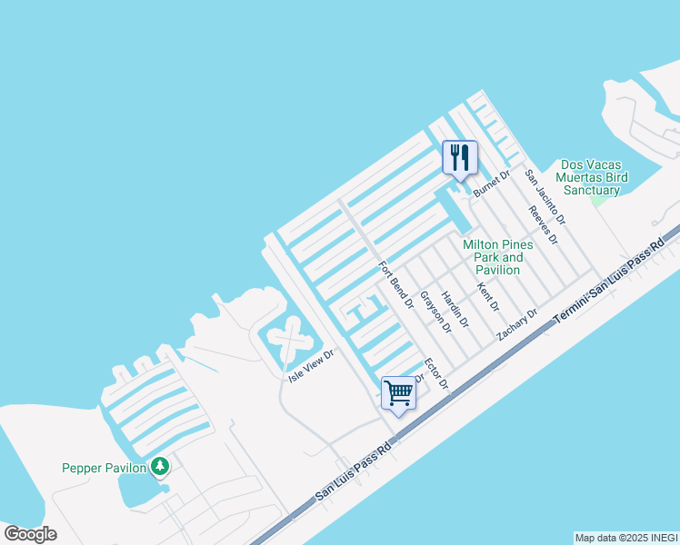 map of restaurants, bars, coffee shops, grocery stores, and more near 22106 Matagorda Drive in Galveston