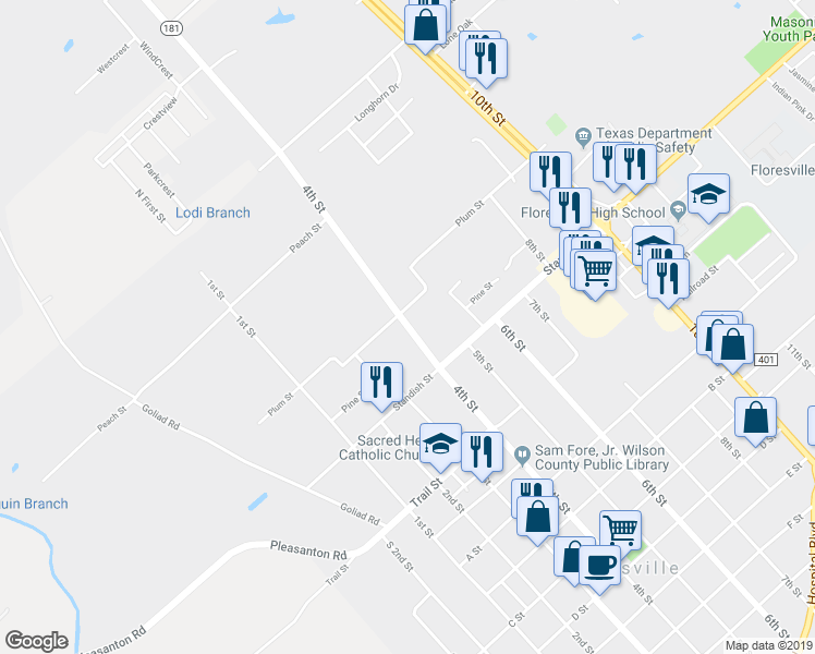 map of restaurants, bars, coffee shops, grocery stores, and more near 806 4th Street in Floresville