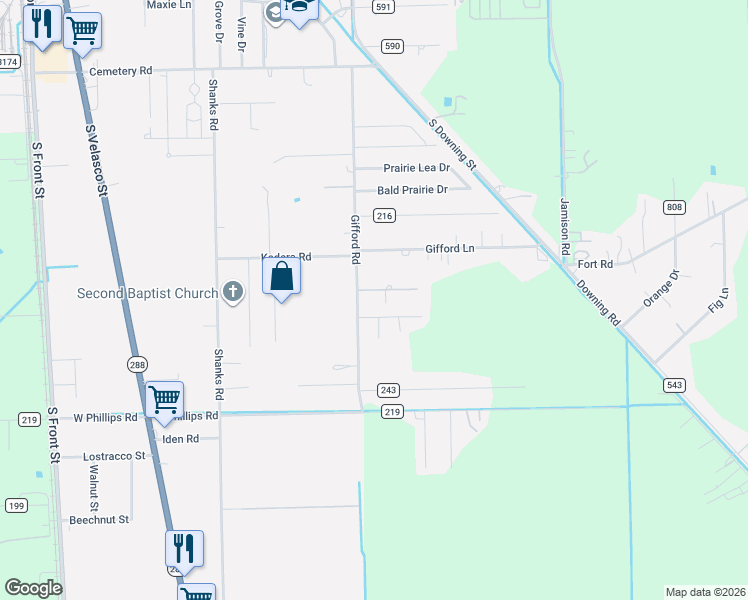 map of restaurants, bars, coffee shops, grocery stores, and more near 1700 Romo Street in Angleton