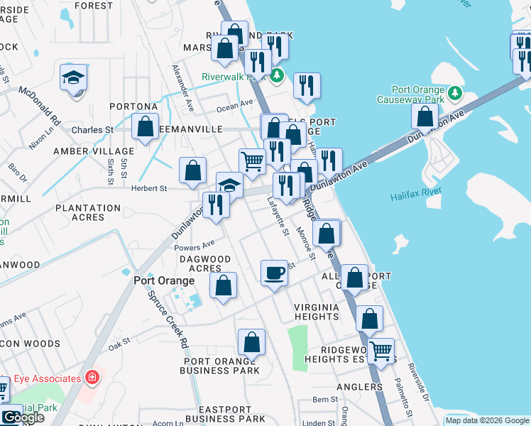 map of restaurants, bars, coffee shops, grocery stores, and more near 308 Wellman Street in Port Orange
