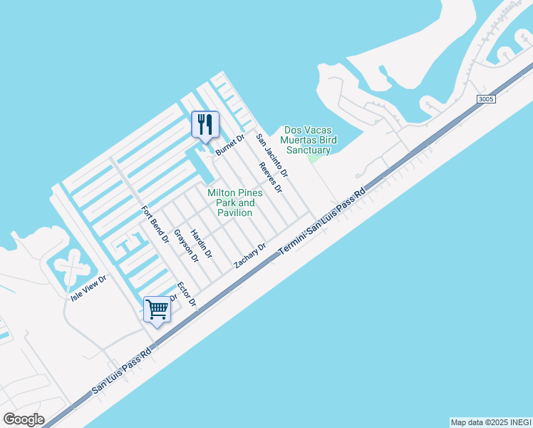 map of restaurants, bars, coffee shops, grocery stores, and more near 4135 Navarro Drive in Galveston