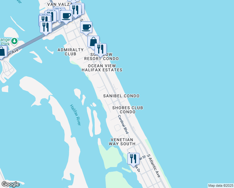 map of restaurants, bars, coffee shops, grocery stores, and more near 3727 South Atlantic Avenue in Daytona Beach Shores