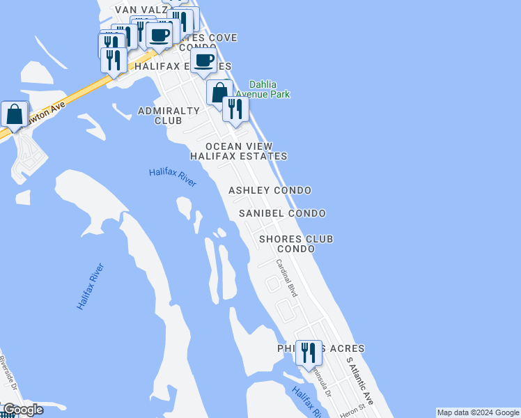 map of restaurants, bars, coffee shops, grocery stores, and more near 3761 South Atlantic Avenue in Daytona Beach Shores