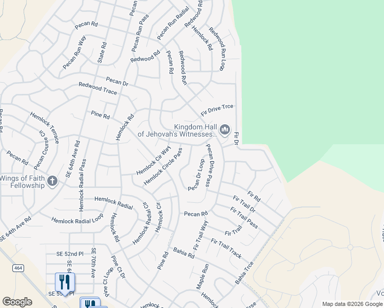 map of restaurants, bars, coffee shops, grocery stores, and more near 5 Pecan Drive Loop in Ocala