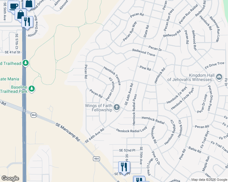 map of restaurants, bars, coffee shops, grocery stores, and more near 55 Pecan Course Cir in Ocala