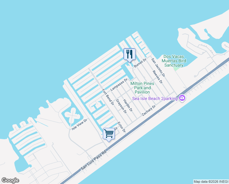 map of restaurants, bars, coffee shops, grocery stores, and more near 4007 Grayson Drive in Galveston