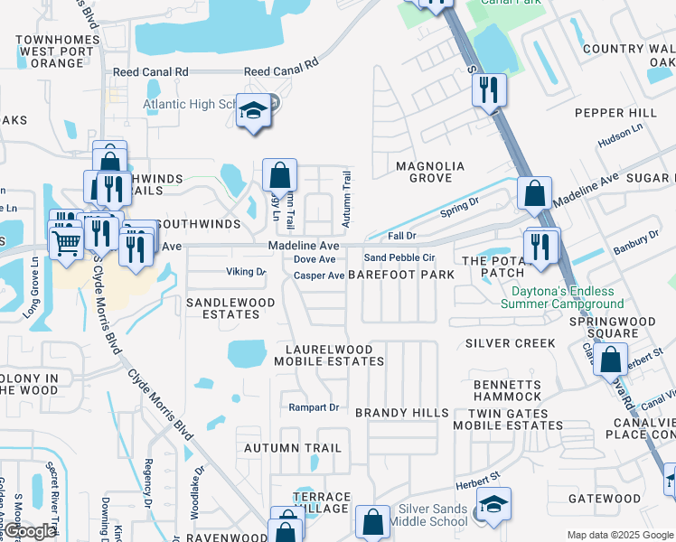 map of restaurants, bars, coffee shops, grocery stores, and more near 705 Casper Ave in Port Orange