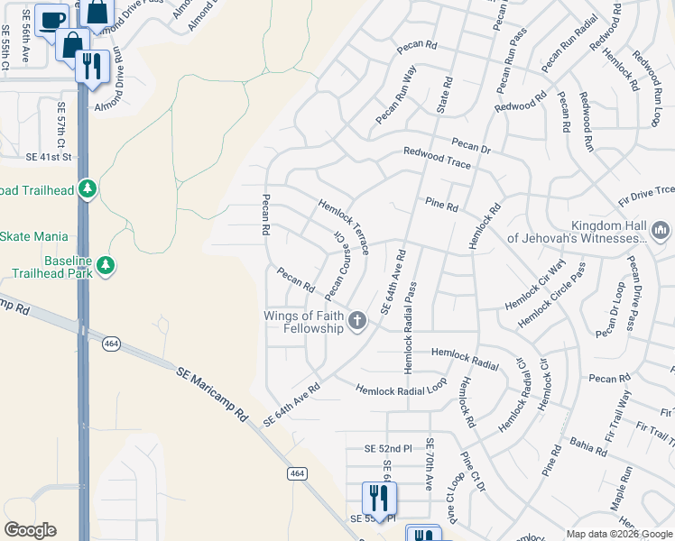 map of restaurants, bars, coffee shops, grocery stores, and more near 55 Pecan Course Circle in Ocala