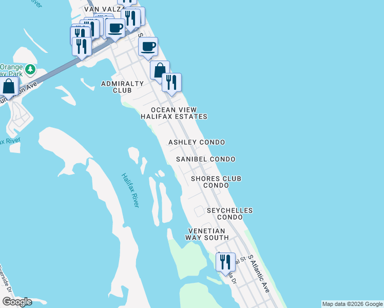 map of restaurants, bars, coffee shops, grocery stores, and more near 3760 South Atlantic Avenue in Daytona Beach