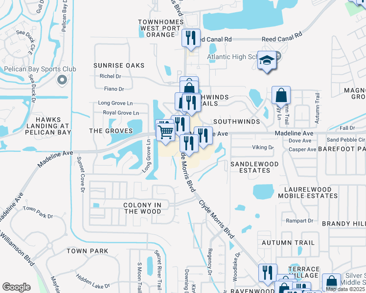 map of restaurants, bars, coffee shops, grocery stores, and more near 3826 South Clyde Morris Boulevard in Port Orange