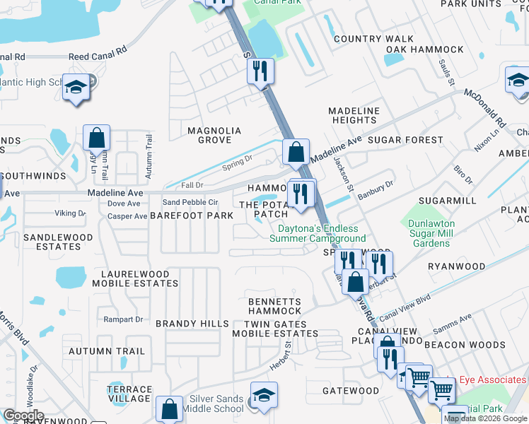 map of restaurants, bars, coffee shops, grocery stores, and more near 986 Deer Springs Road in Port Orange
