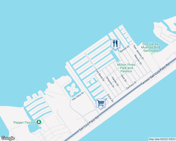 map of restaurants, bars, coffee shops, grocery stores, and more near 22106 Matagorda Drive in Galveston
