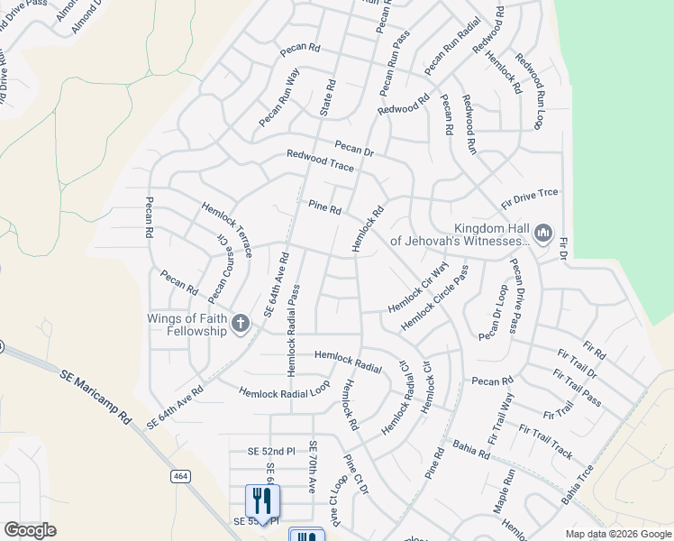 map of restaurants, bars, coffee shops, grocery stores, and more near 9 Hemlock Terrace Run in Ocala