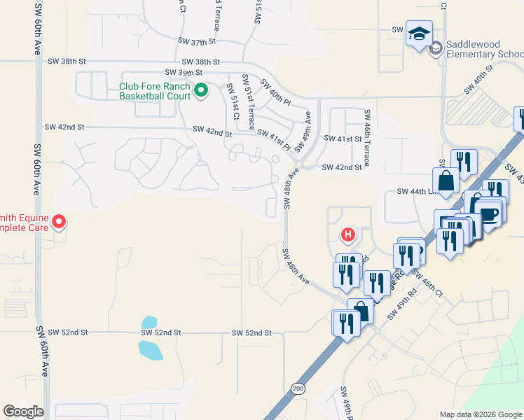 map of restaurants, bars, coffee shops, grocery stores, and more near 4498 Southwest 49th Avenue in Ocala