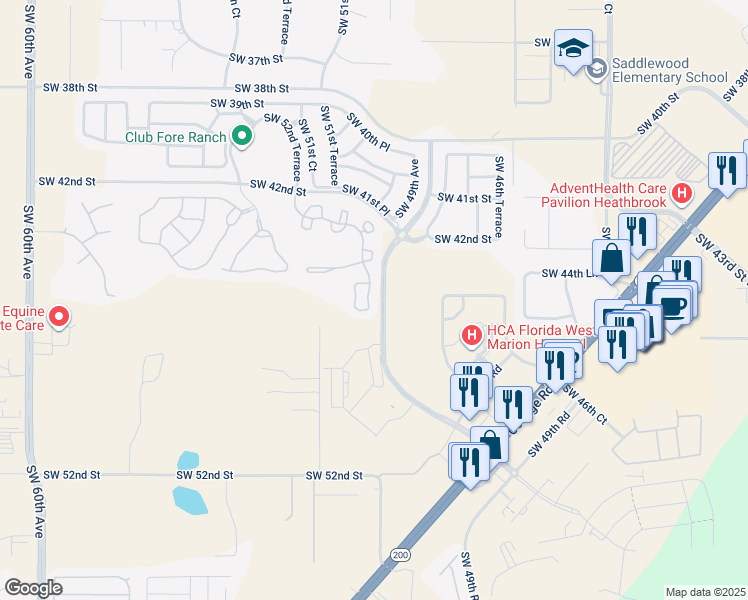 map of restaurants, bars, coffee shops, grocery stores, and more near 4431 Southwest 49th Avenue in Ocala