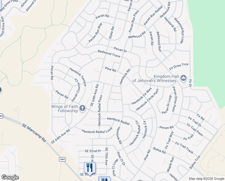 map of restaurants, bars, coffee shops, grocery stores, and more near 9 Hemlock Terrace Run in Ocala