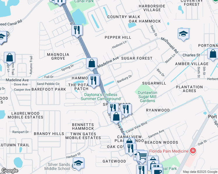 map of restaurants, bars, coffee shops, grocery stores, and more near 129 Moonstone Court in Port Orange