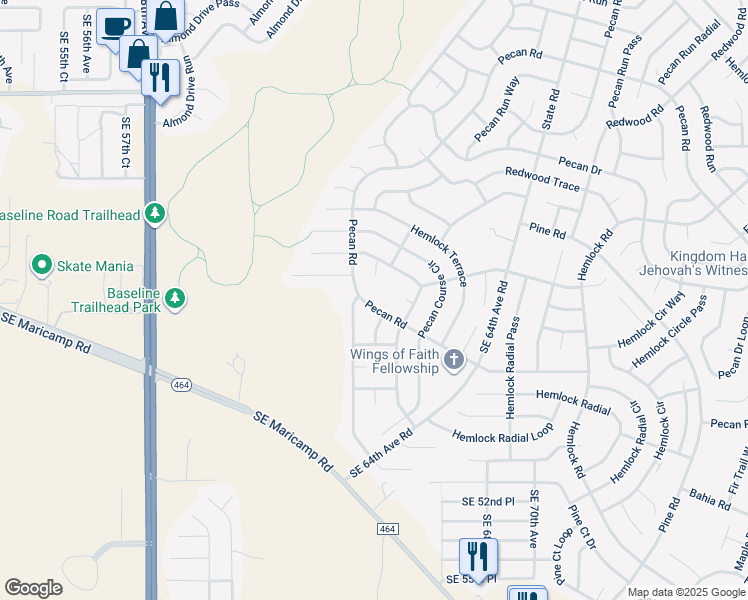 map of restaurants, bars, coffee shops, grocery stores, and more near 5895 Pecan Road in Ocala