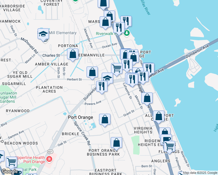 map of restaurants, bars, coffee shops, grocery stores, and more near 402 Dunlawton Avenue in Port Orange