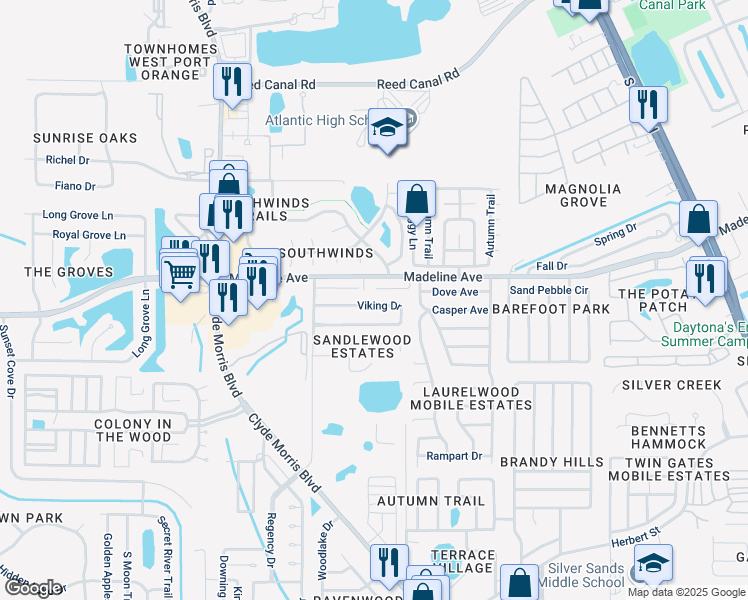 map of restaurants, bars, coffee shops, grocery stores, and more near 1148 Viking Drive in Port Orange
