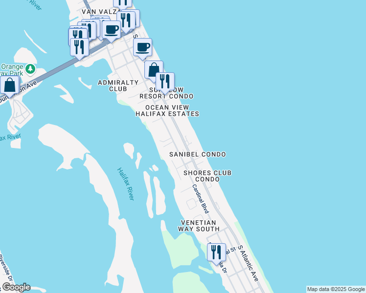 map of restaurants, bars, coffee shops, grocery stores, and more near 3756 South Atlantic Avenue in Daytona Beach