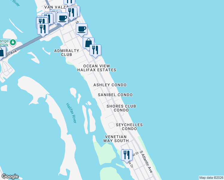 map of restaurants, bars, coffee shops, grocery stores, and more near 3761 South Atlantic Avenue in Daytona Beach Shores